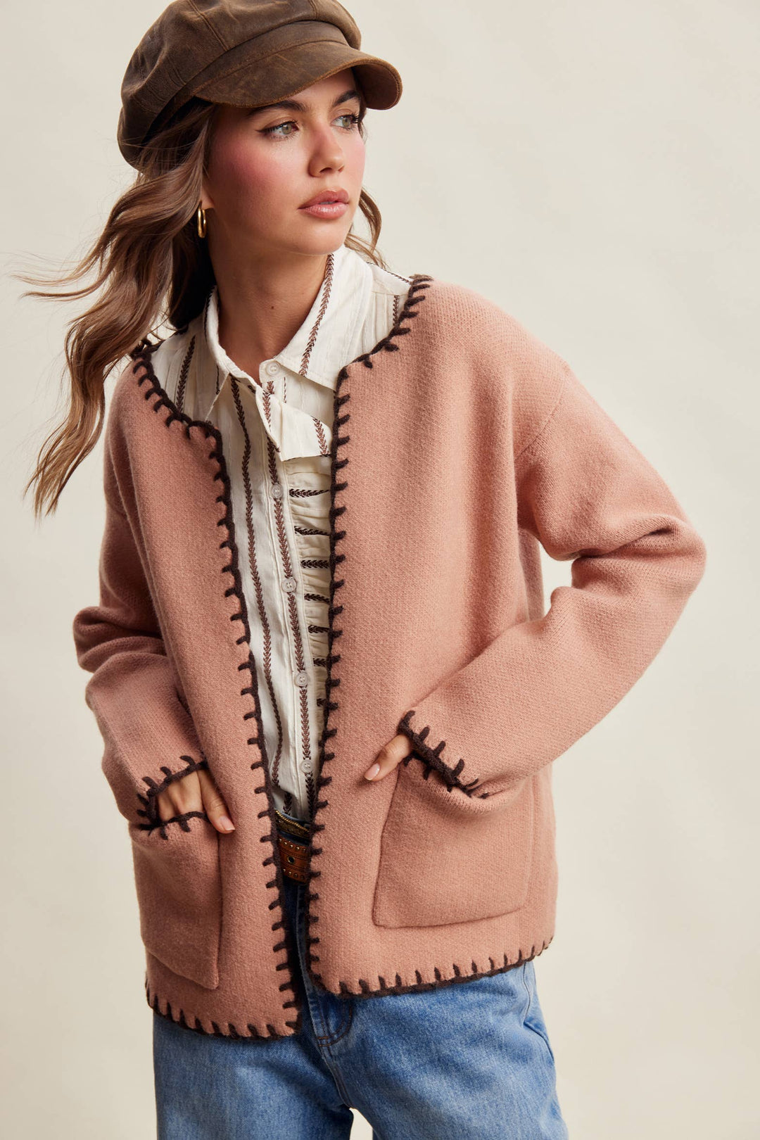 Contrast Whipstitch Knit Cardigan LSW1066
