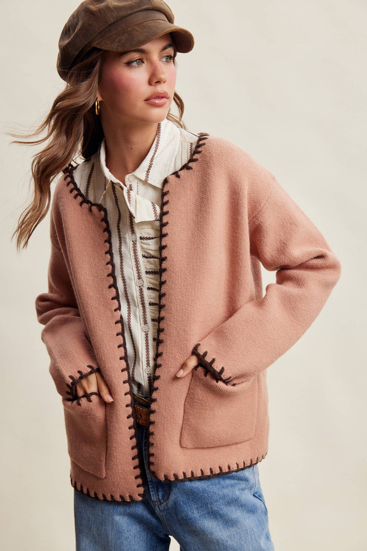 Contrast Whipstitch Knit Cardigan LSW1066