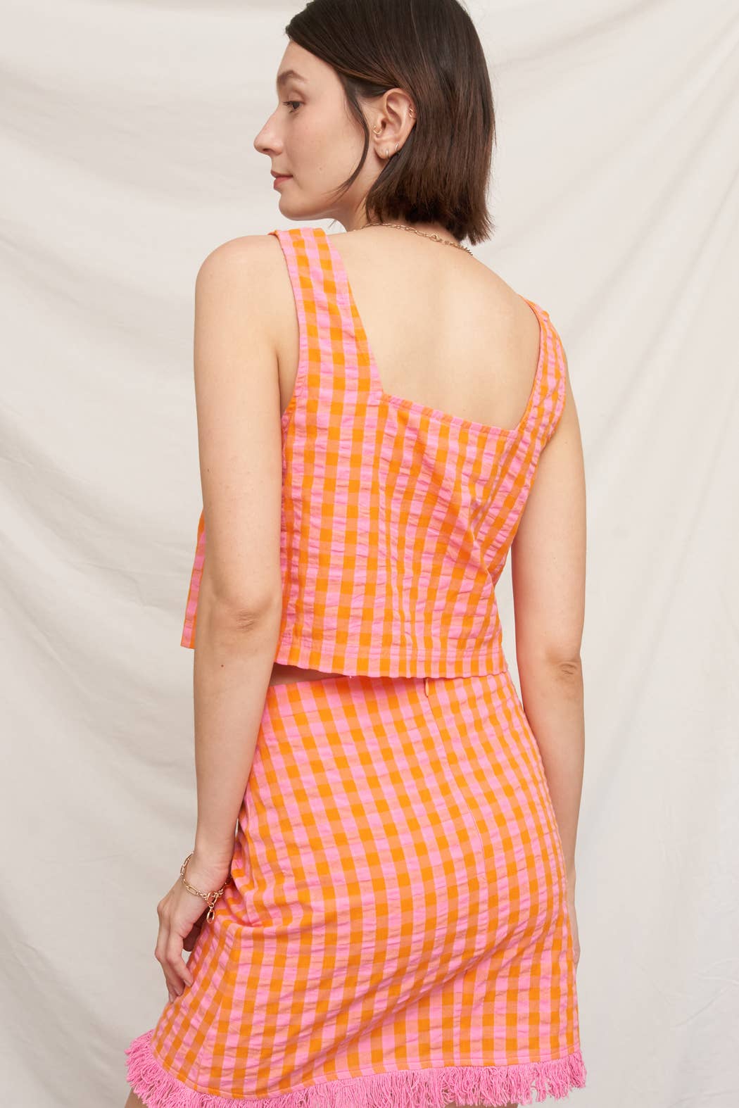 Sleeveless Square Neck Plaid Cropped Top EC763