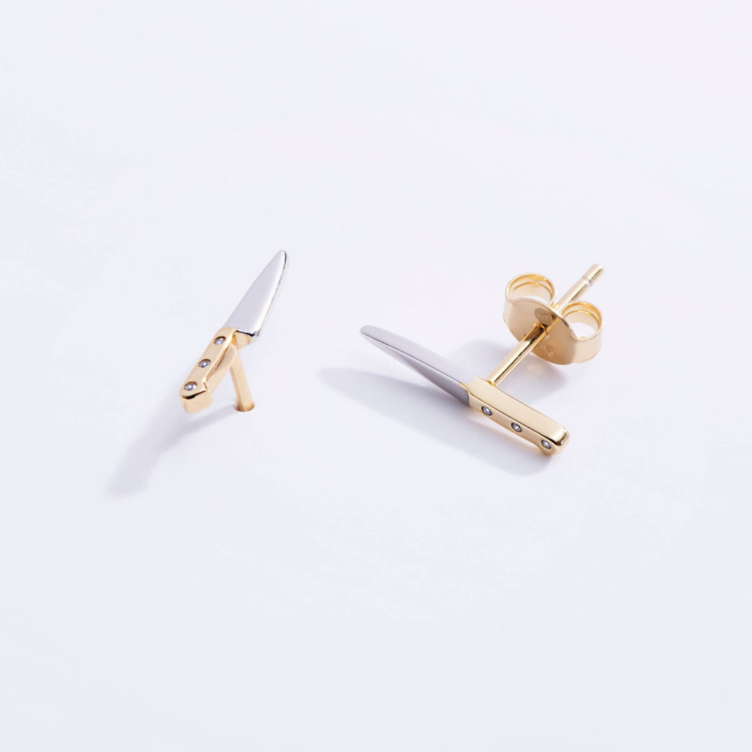 14K Gold Plated &amp; CZ Butcher Knife Stud Earrings