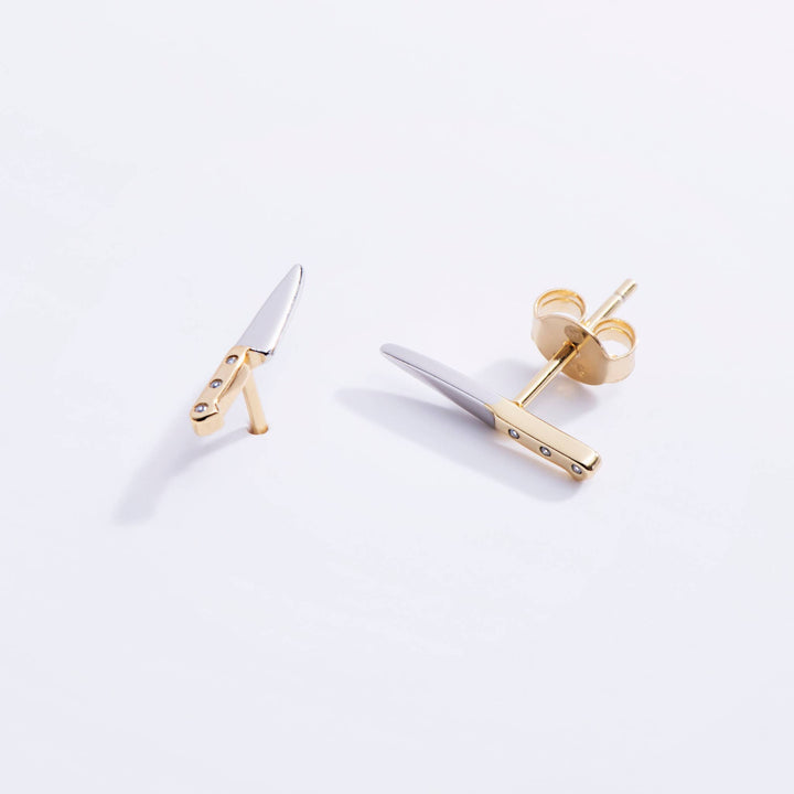 14K Gold Plated &amp; CZ Butcher Knife Stud Earrings