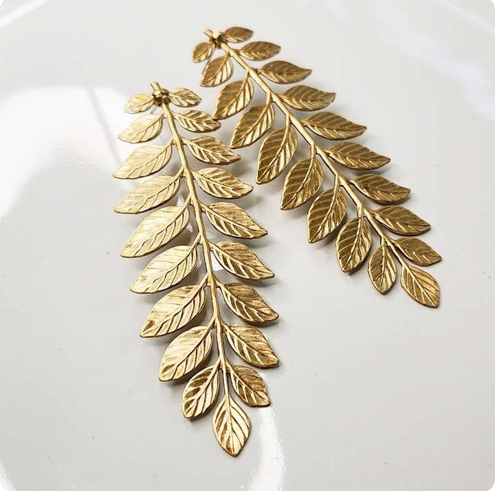 Brass Fern Frond &amp; Boston Fern Post Bold Statement Earrings