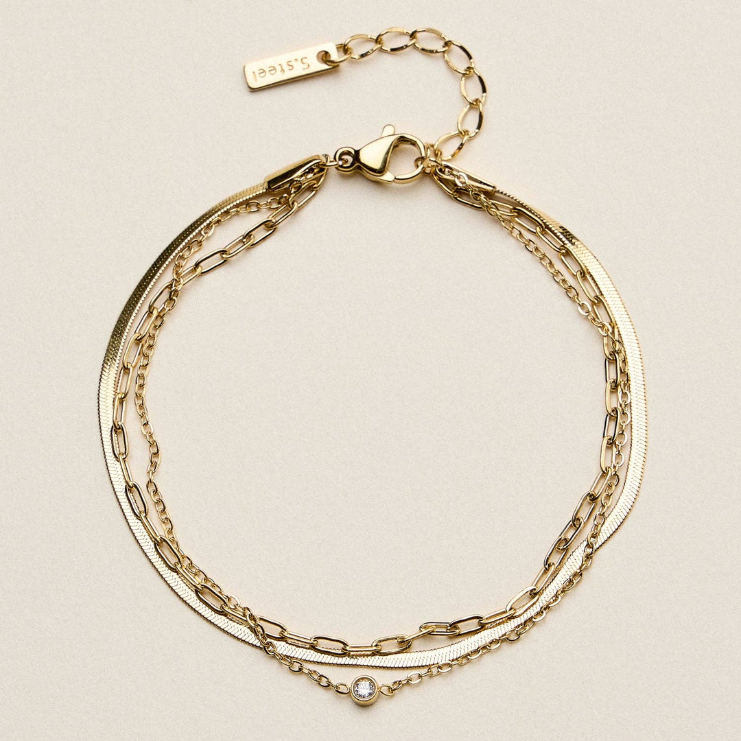 Layered Chain Bracelet for Women | Gold or Silver Tone Multi-Chain Bracelet with CZ Charm FR672