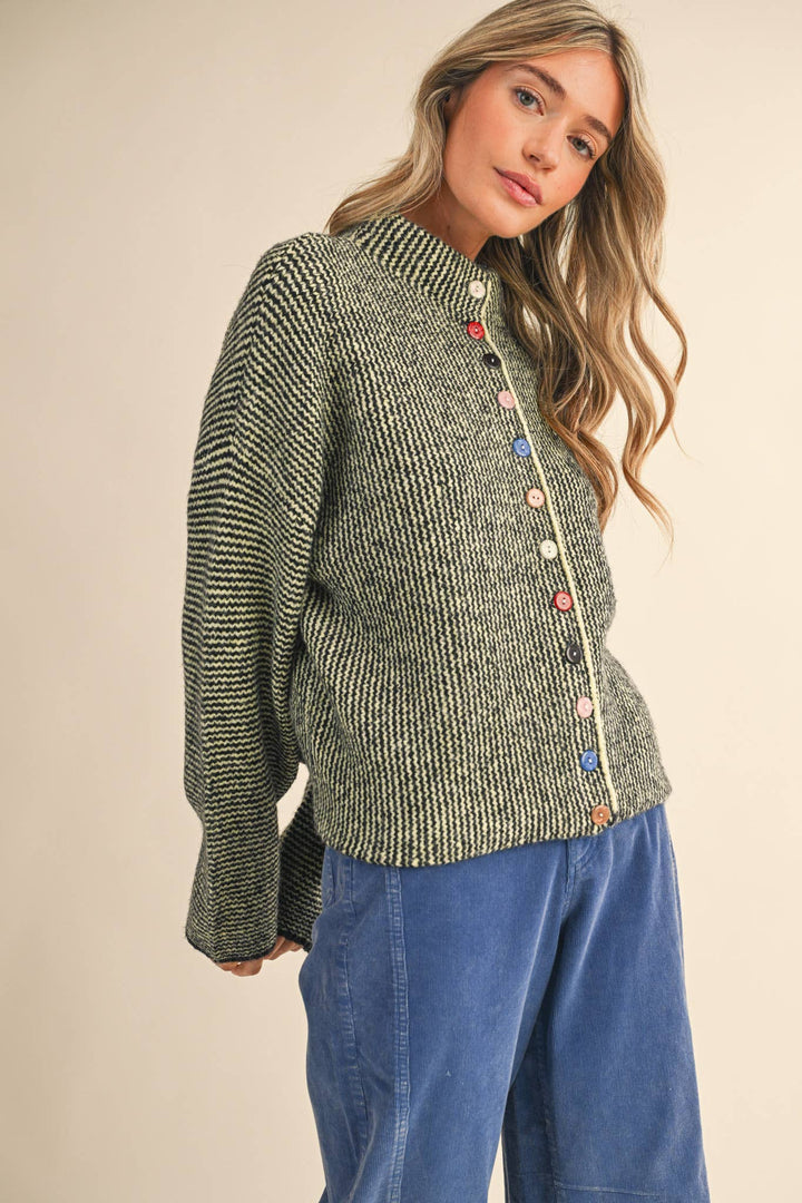 STRIPED SWEATER CARDIGAN WITH COLORFUL BUTTONS MS112