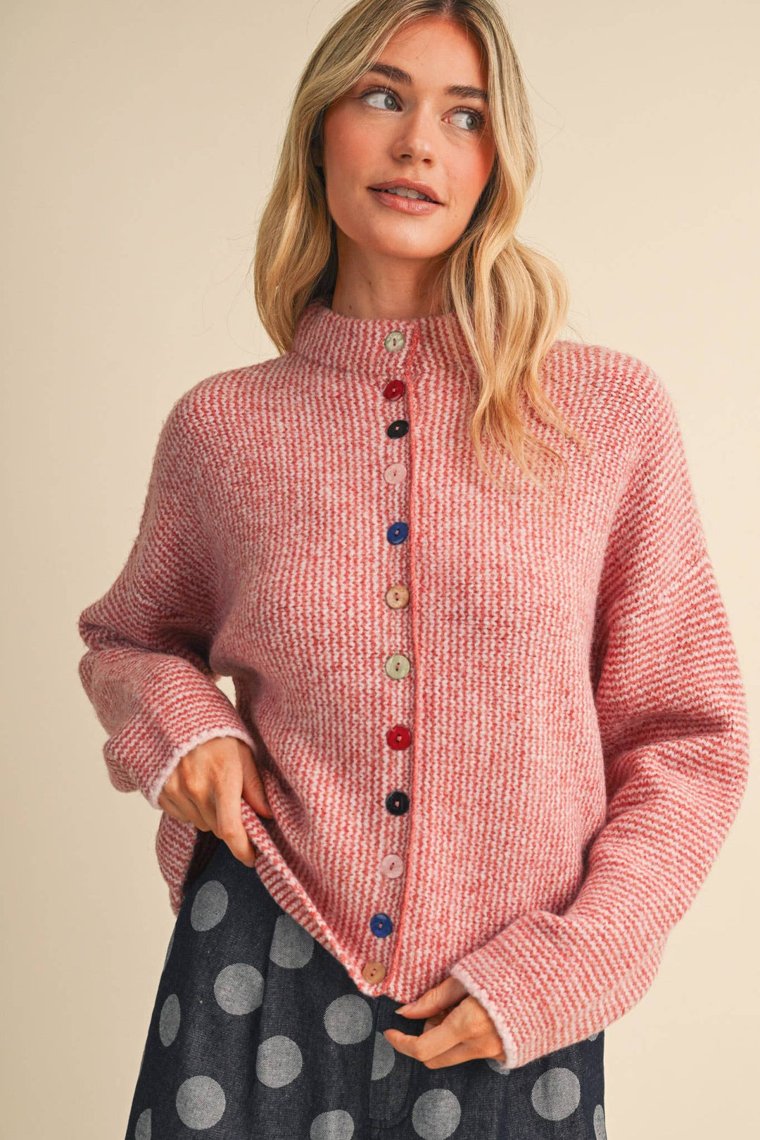 STRIPED SWEATER CARDIGAN WITH COLORFUL BUTTONS MS112