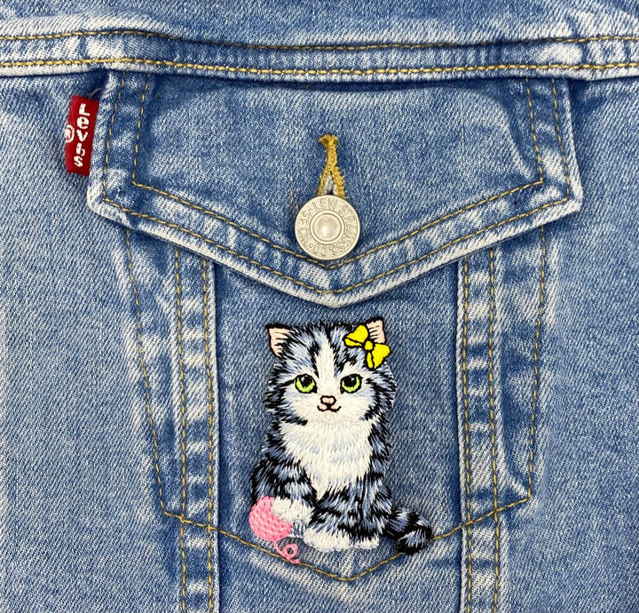 Cat with Pink Yarn Ball, Embroidered, Iron-on Patch IR