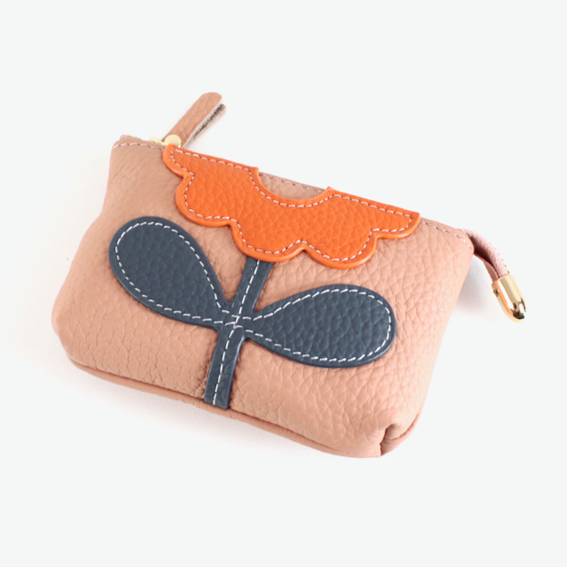 Flower Applique Leather Coin Purse w/Keychain