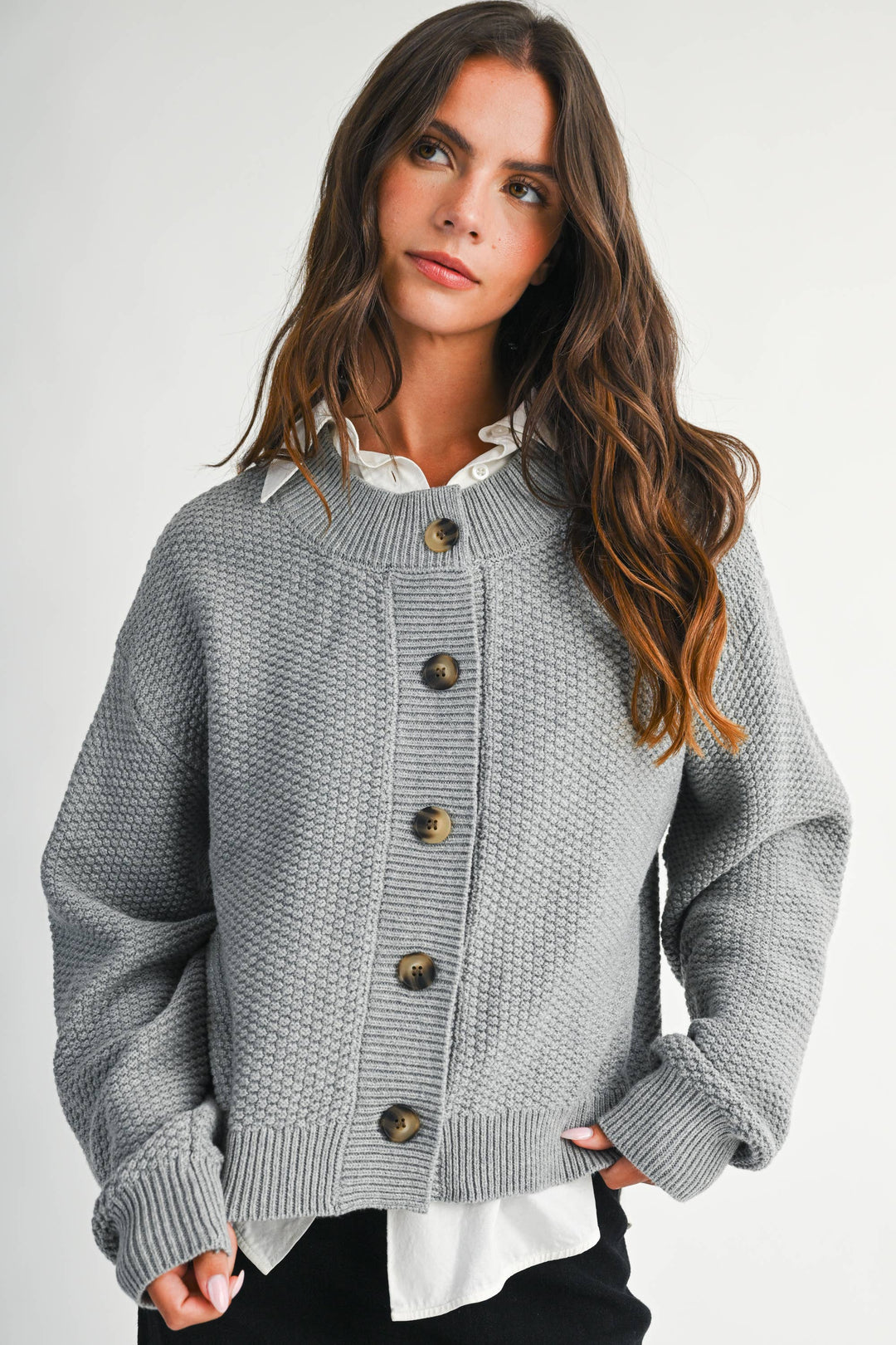 336K Textured Button Front Cardigan Sweater