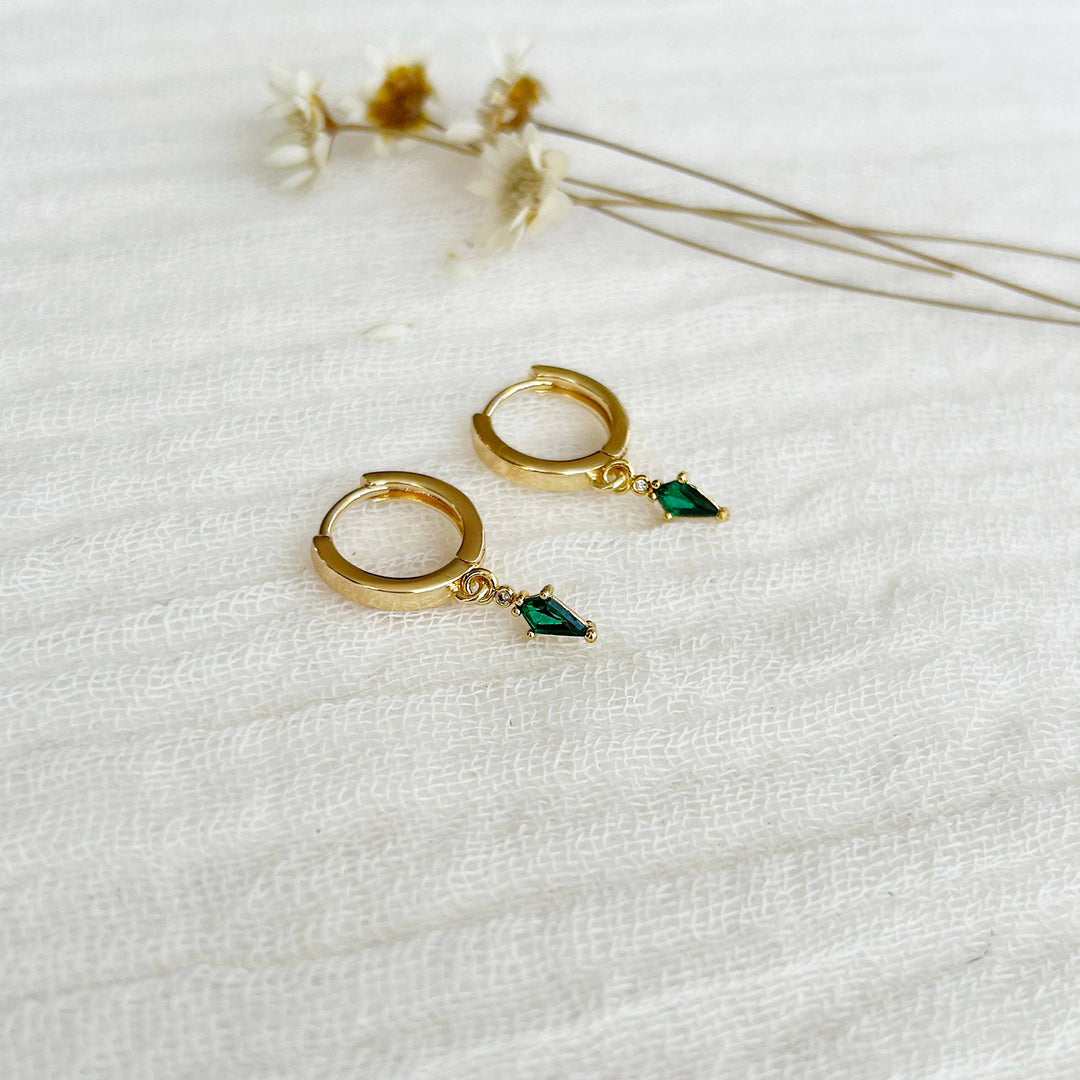 Dainty Emerald Charm Huggie Hoops KT17