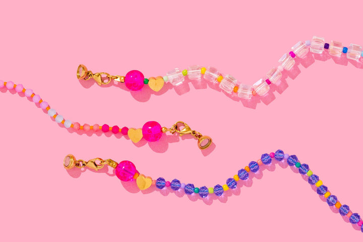 Beaded Necklace - Green + Pink Beads - Maddie