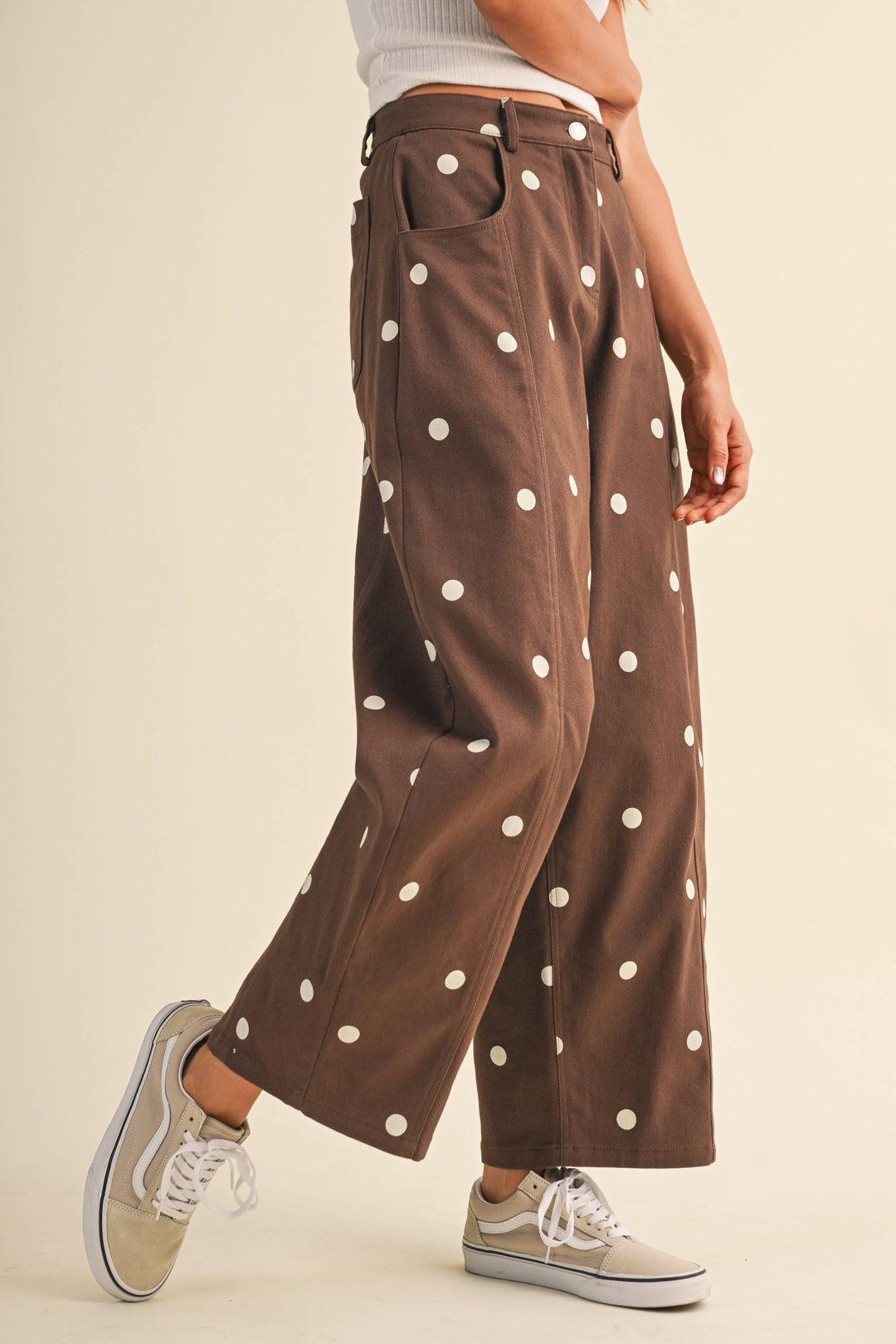 IP1390 POLKADOT STRETCH TWILL MID WAIST BARREL PANTS