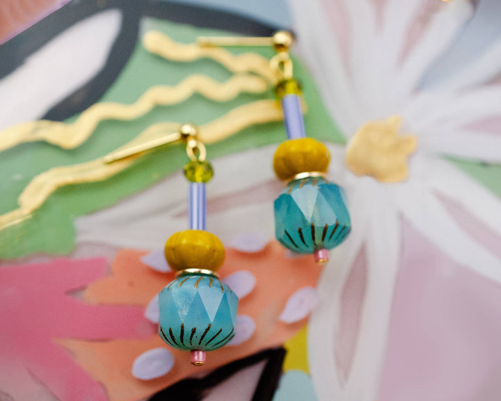 Colorful Teal Beaded Dangle Earrings JM109