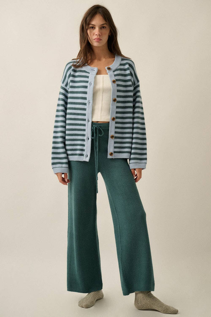 Striped Knit Crewneck Button-Front Relaxed-Fit Cardigan