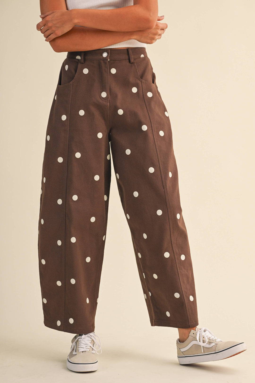 IP1390 POLKADOT STRETCH TWILL MID WAIST BARREL PANTS