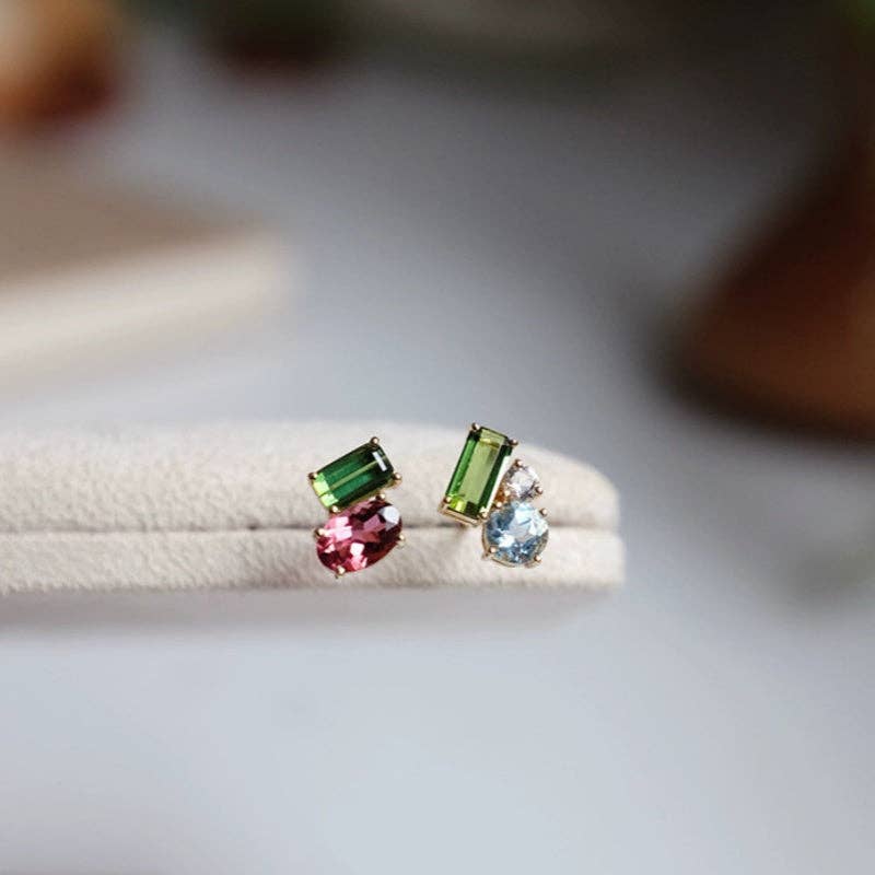 Asymmetric Gems Cluster Stud Earrings in 925 Sterling Silver