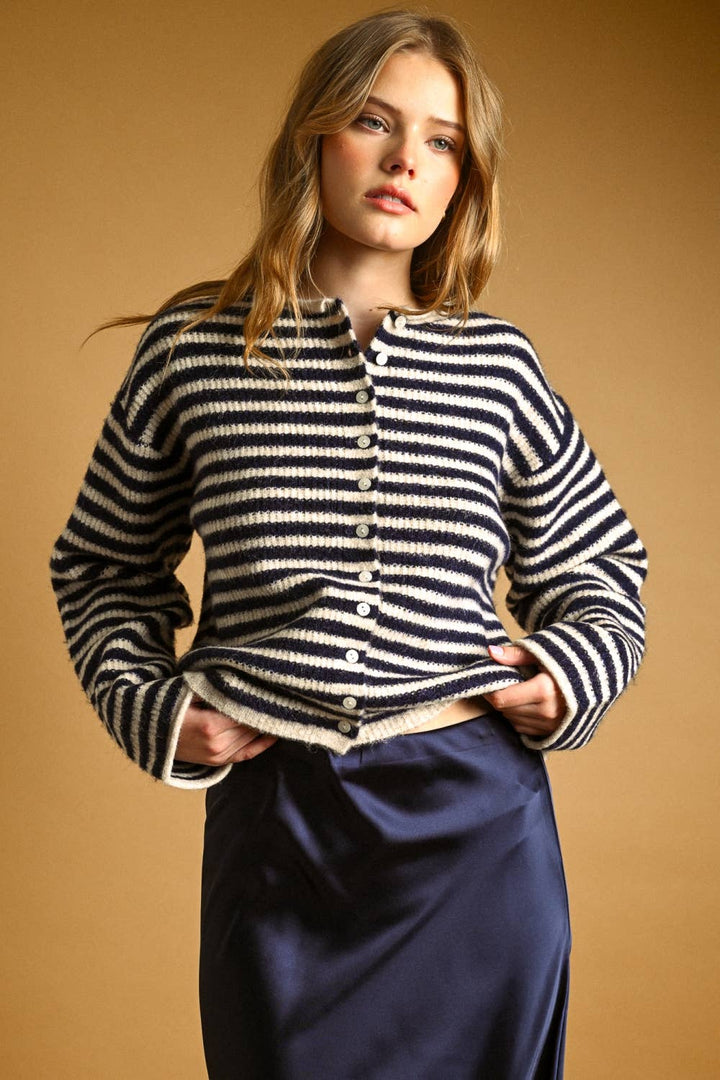 J7562   STRIPED BUTTON FRONT SWEATER CARDIGAN