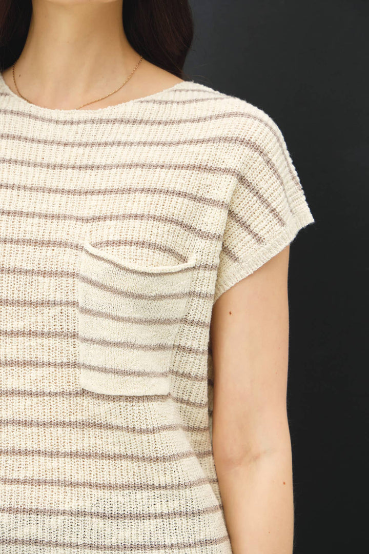 STRIPED CAP SLEEVE SWEATER W FRONT PATCH POCKET BC564