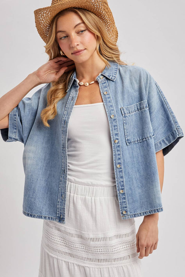 DENIM BUTTON DOWN SHORT SLEEVE BOXY SHIRT BV829