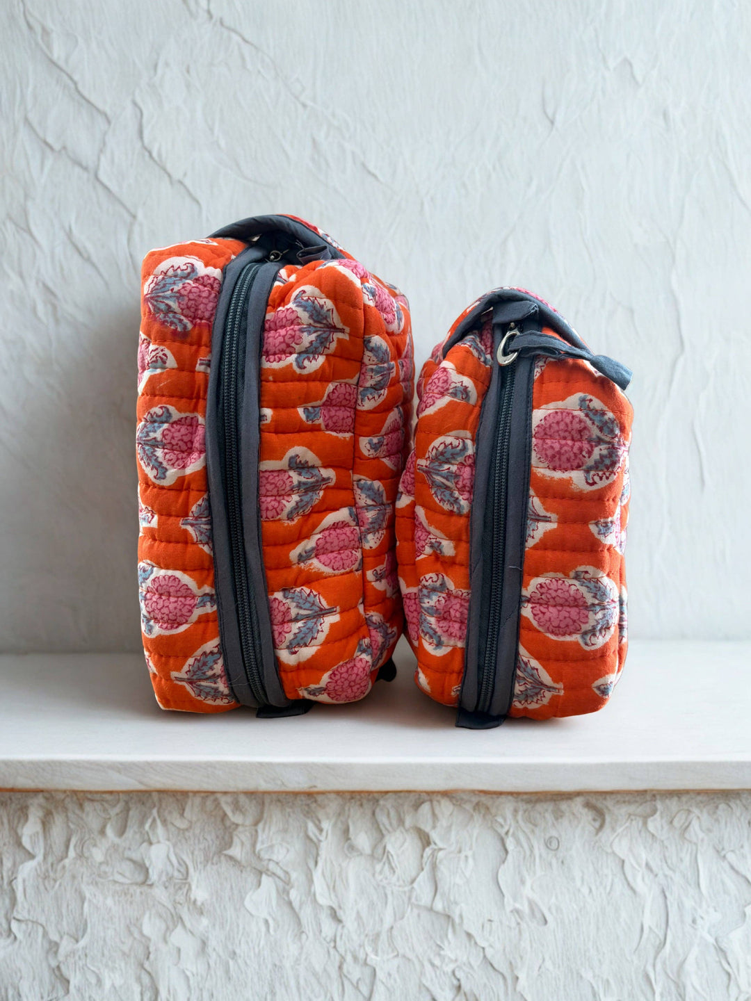 Orange - Quilted Hand-Block Printed Travel Makeup Pouches (Set of 2)