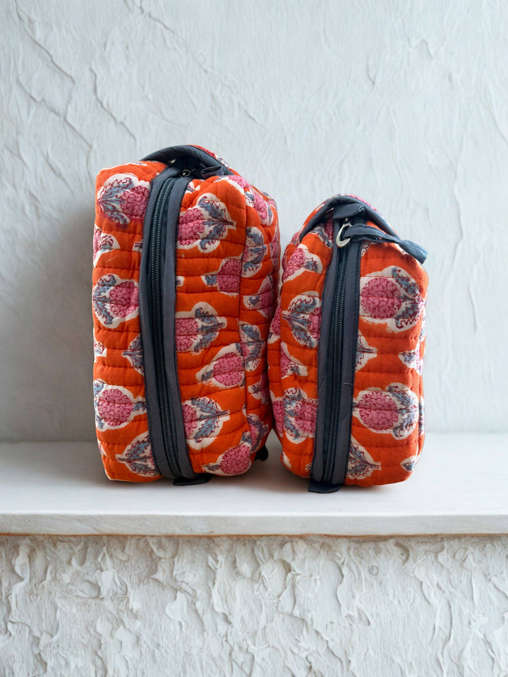 Orange - Quilted Hand-Block Printed Travel Makeup Pouches (Set of 2)