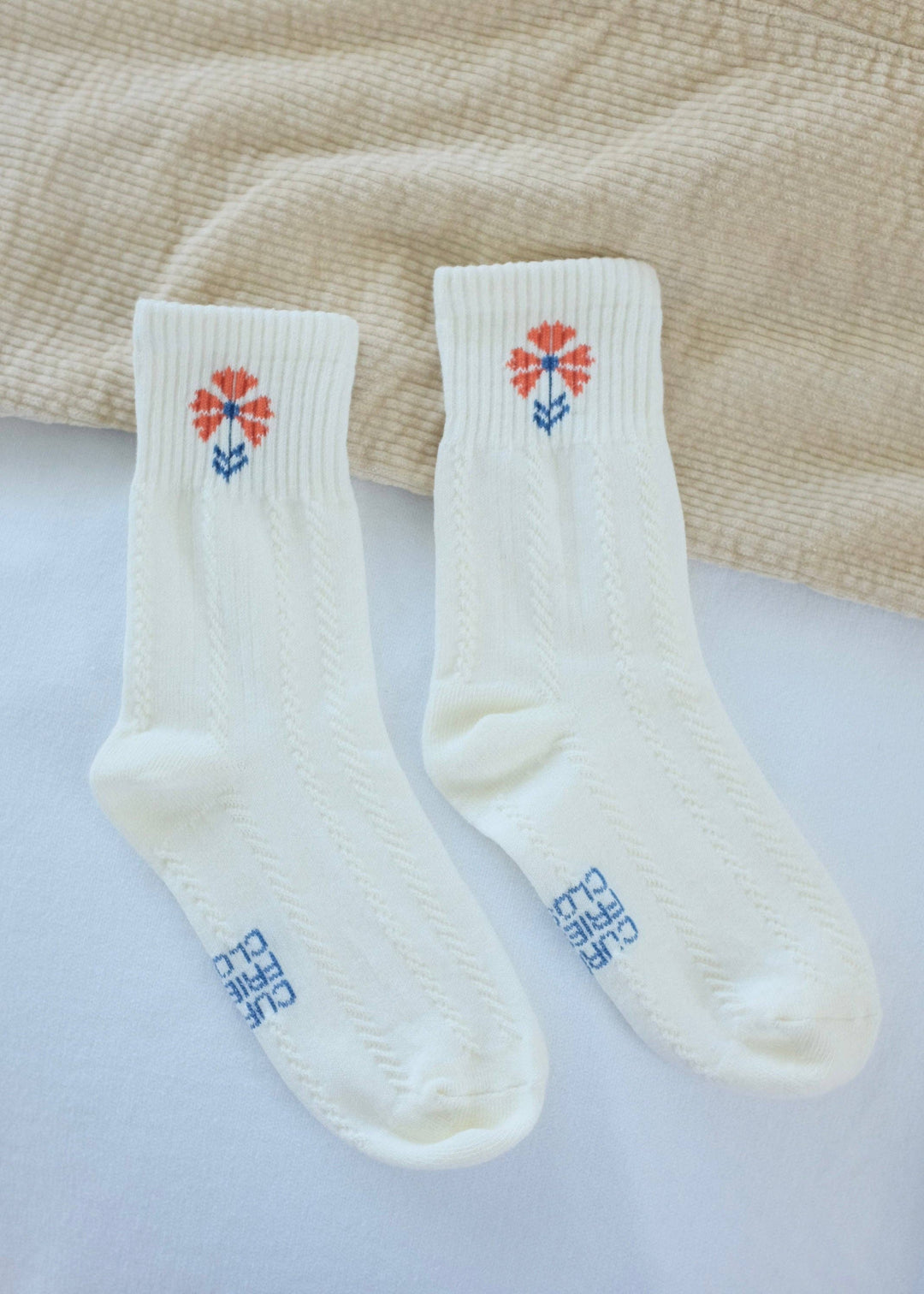 Orange Floral Scandinavian Ribbed Textured Crew Socks