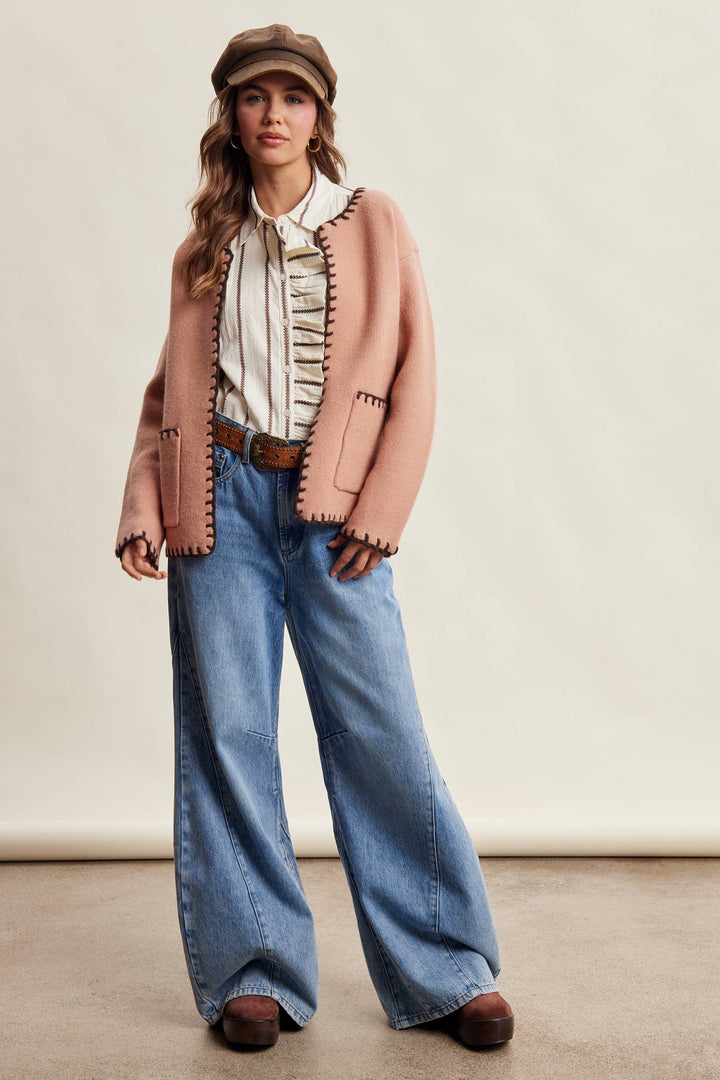 Contrast Whipstitch Knit Cardigan LSW1066