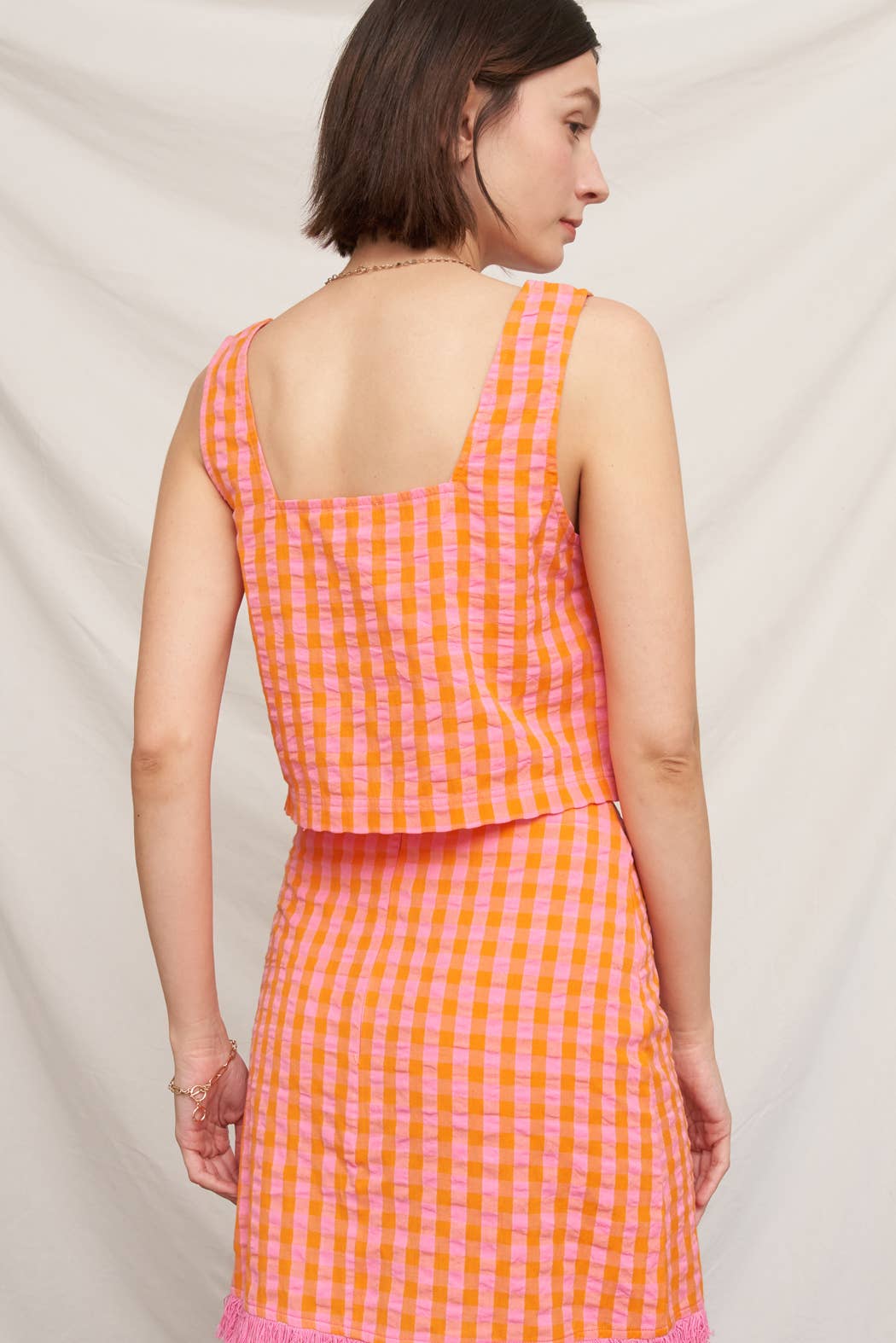Sleeveless Square Neck Plaid Cropped Top EC763
