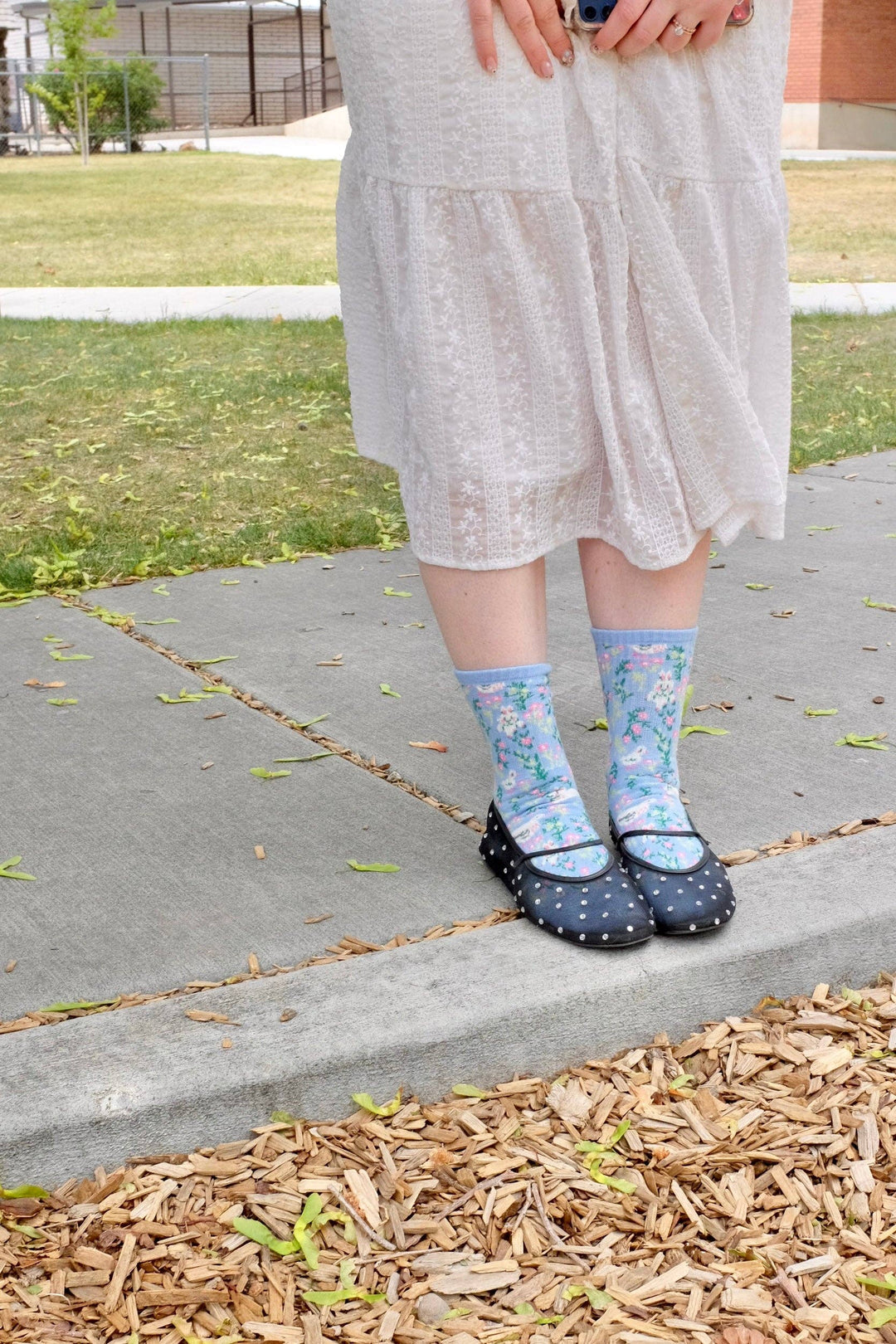 Blue Floral Meadow Bunny Duck Ribbed Print Crew Socks
