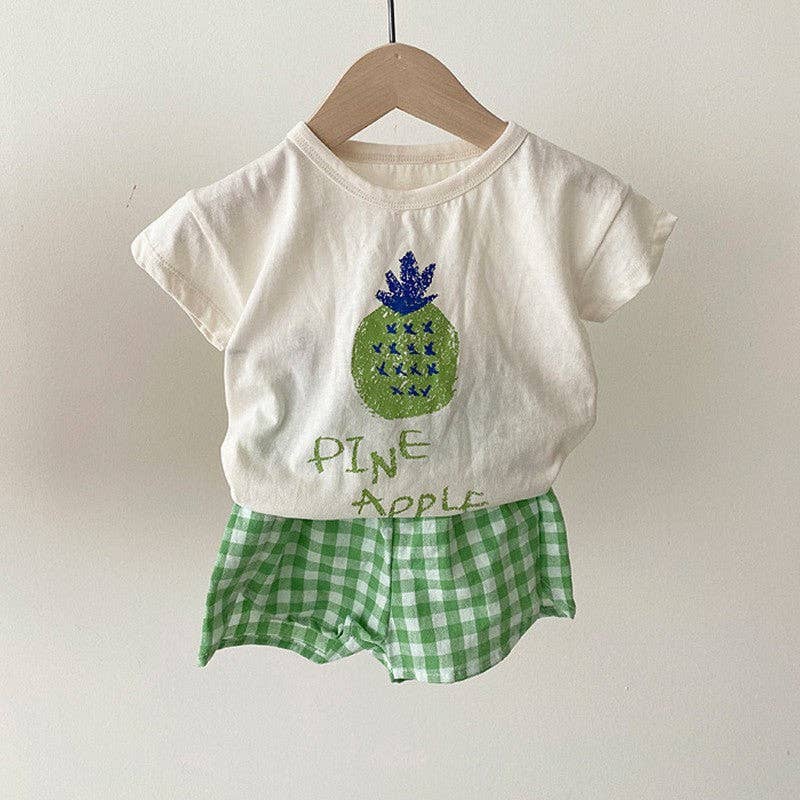 Summer Baby Kids Fruits Pattern Short Sleeves T-shirt and Plaid Shorts Clothing Set TR2504