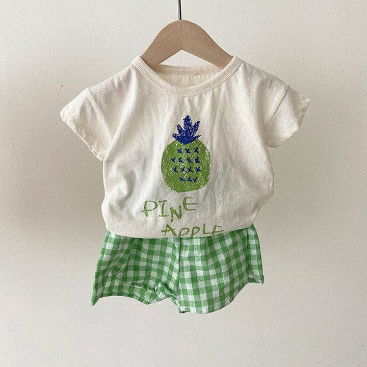 Summer Baby Kids Fruits Pattern Short Sleeves T-shirt and Plaid Shorts Clothing Set TR2504