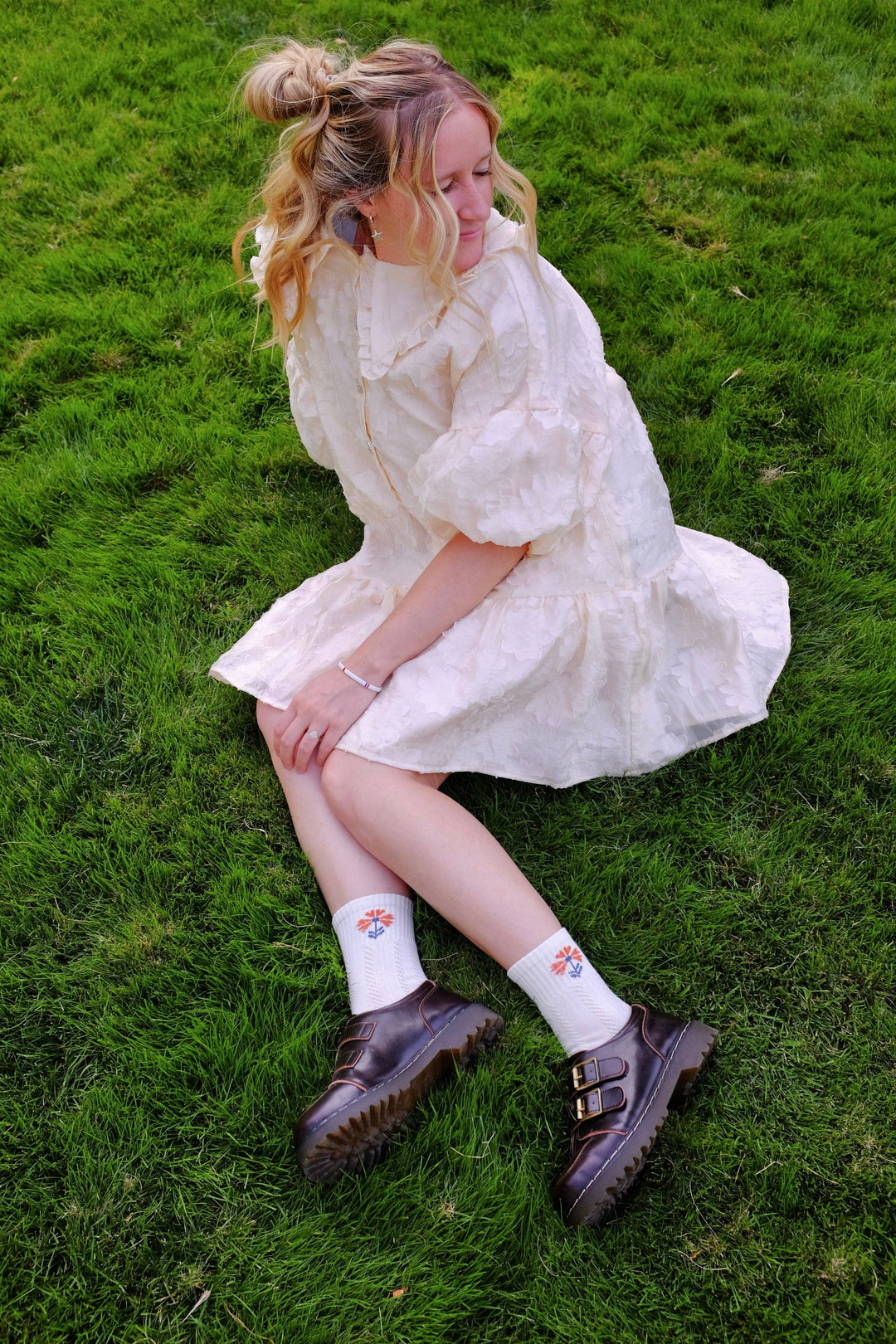 Orange Floral Scandinavian Ribbed Textured Crew Socks