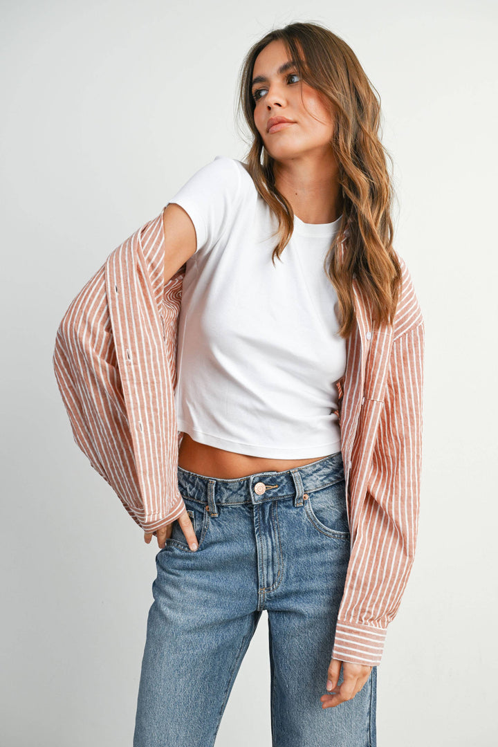 Cropped Striped Button-Up Collared Long Sleeve Top - BMT7915