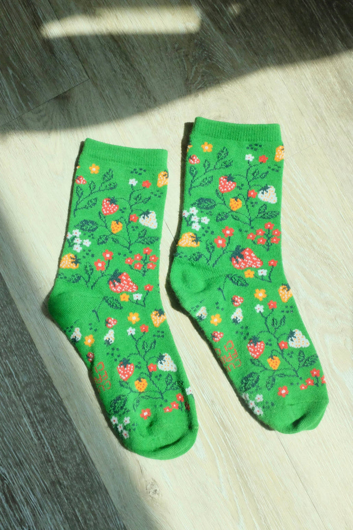 Green Strawberry Floral Whimsical Print Crew Socks