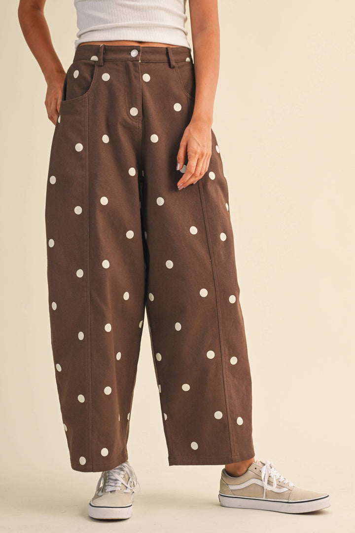 IP1390 POLKADOT STRETCH TWILL MID WAIST BARREL PANTS
