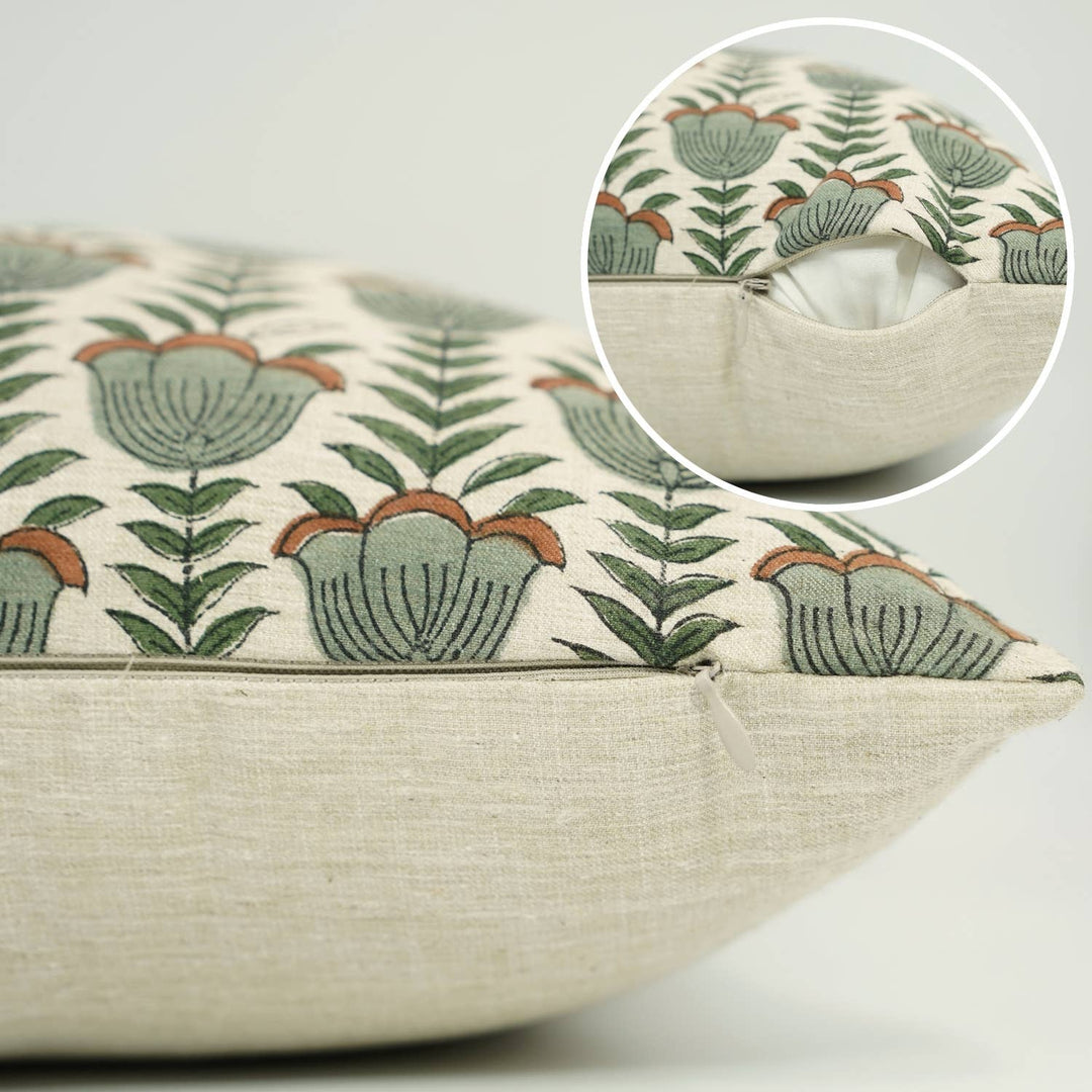 Unique Block Print Linen Blend Pillow Cover - Lotus FB07