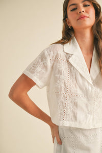 T4998ST   EYELET DETAIL BUTTON DOWN BLOUSE