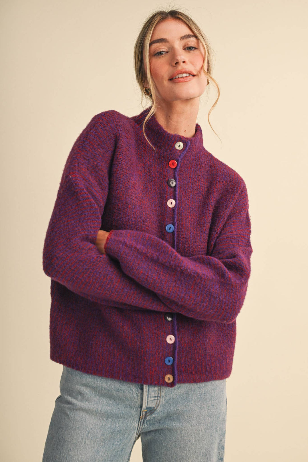 STRIPED SWEATER CARDIGAN WITH COLORFUL BUTTONS MS112