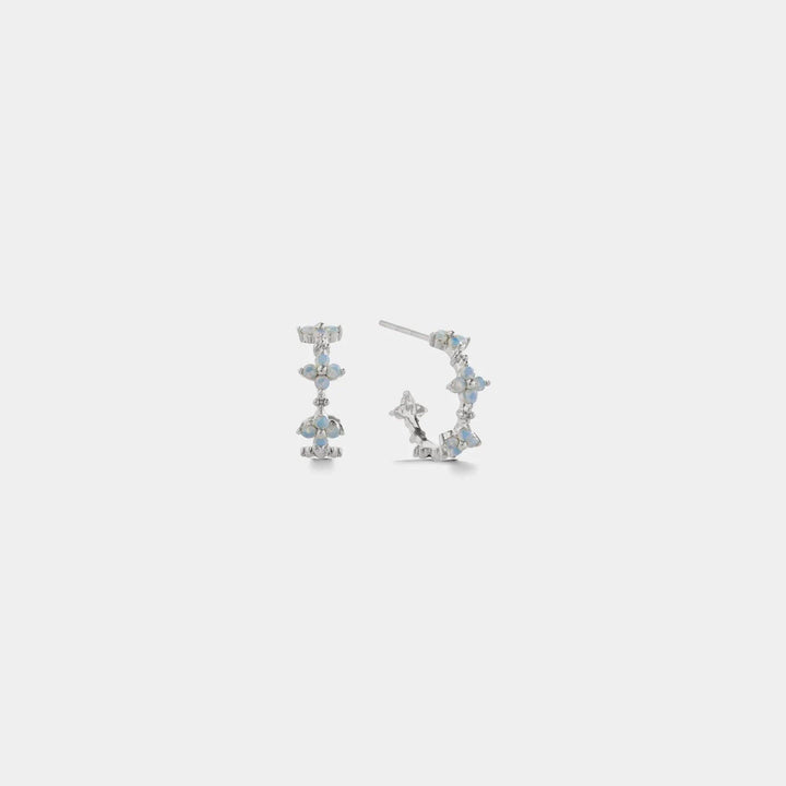 Dainty Blue Opal Flower Hoop Earrings in 925 Sterling Silver