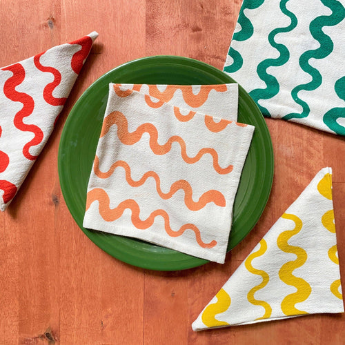 Hand Printed Natural Cotton Cloth Napkins, Wavy Stripes BB22