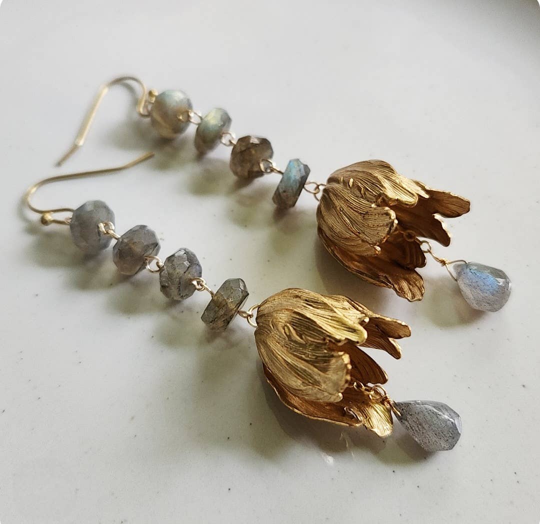 Faceted Labradorite &amp; Parrot Tulip Maximalist Earrings