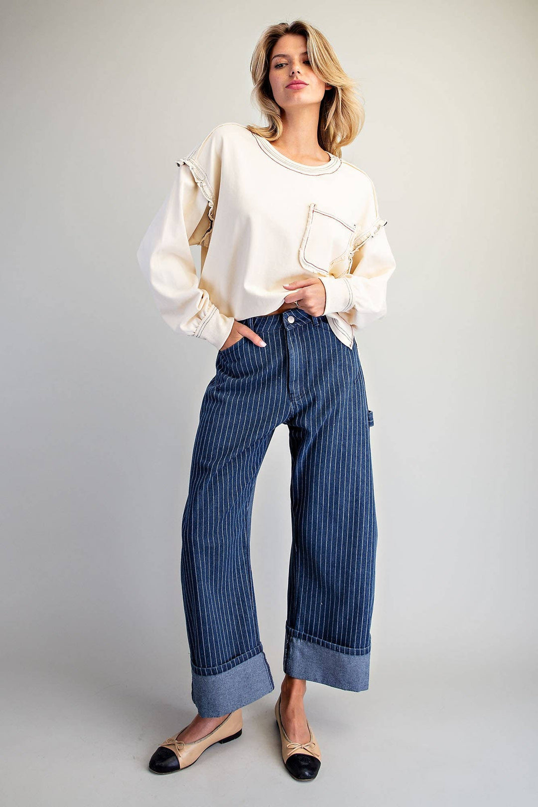 PL404 - STRIPED BARREL LEG CUFFED PANTS