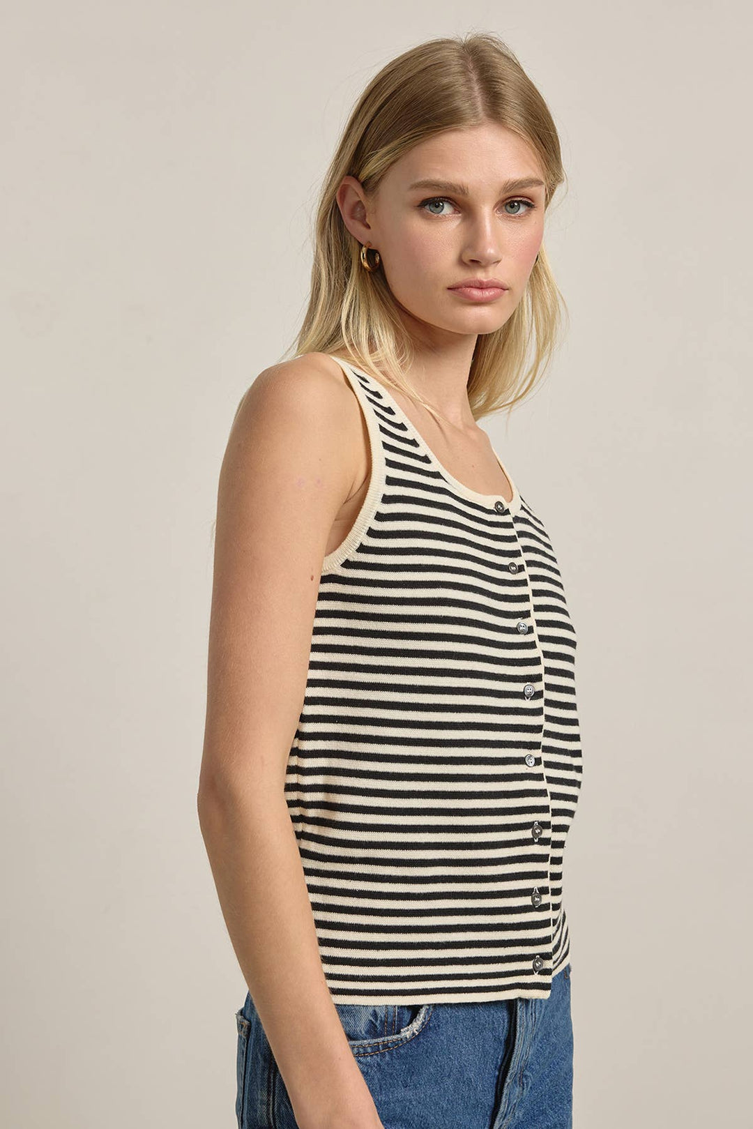 Striped Knit Button Tank Top - RN36
