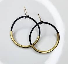 Threaded Black Rubber, Brass &amp; Silver Hoop Dangle Earrings
