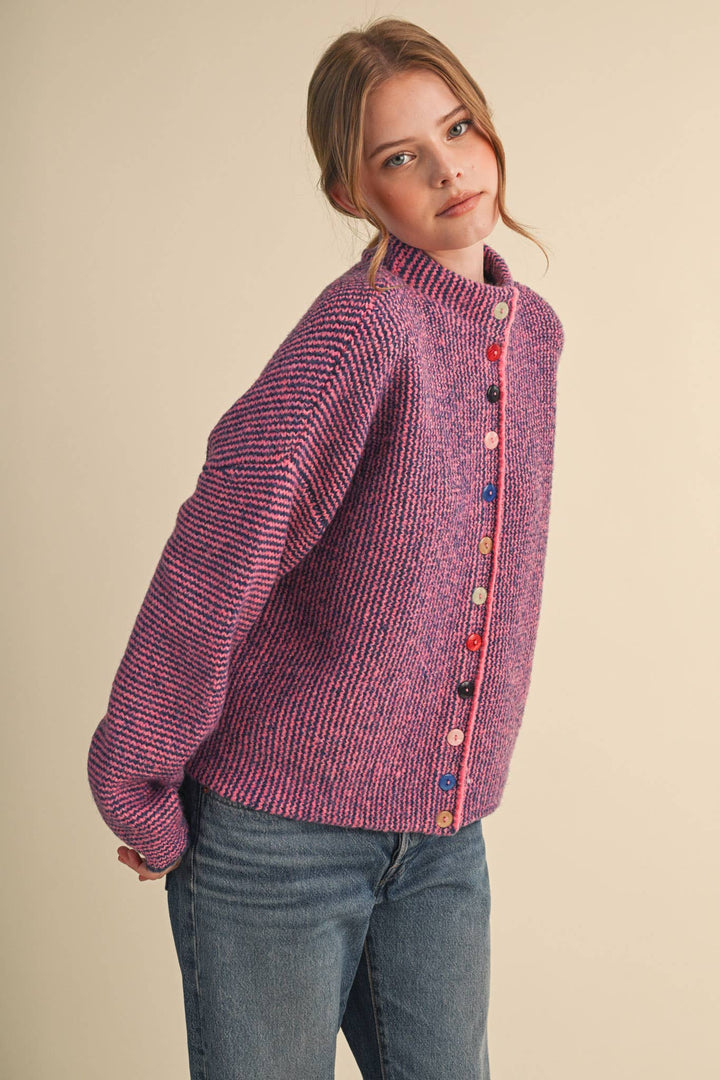 STRIPED SWEATER CARDIGAN WITH COLORFUL BUTTONS MS112