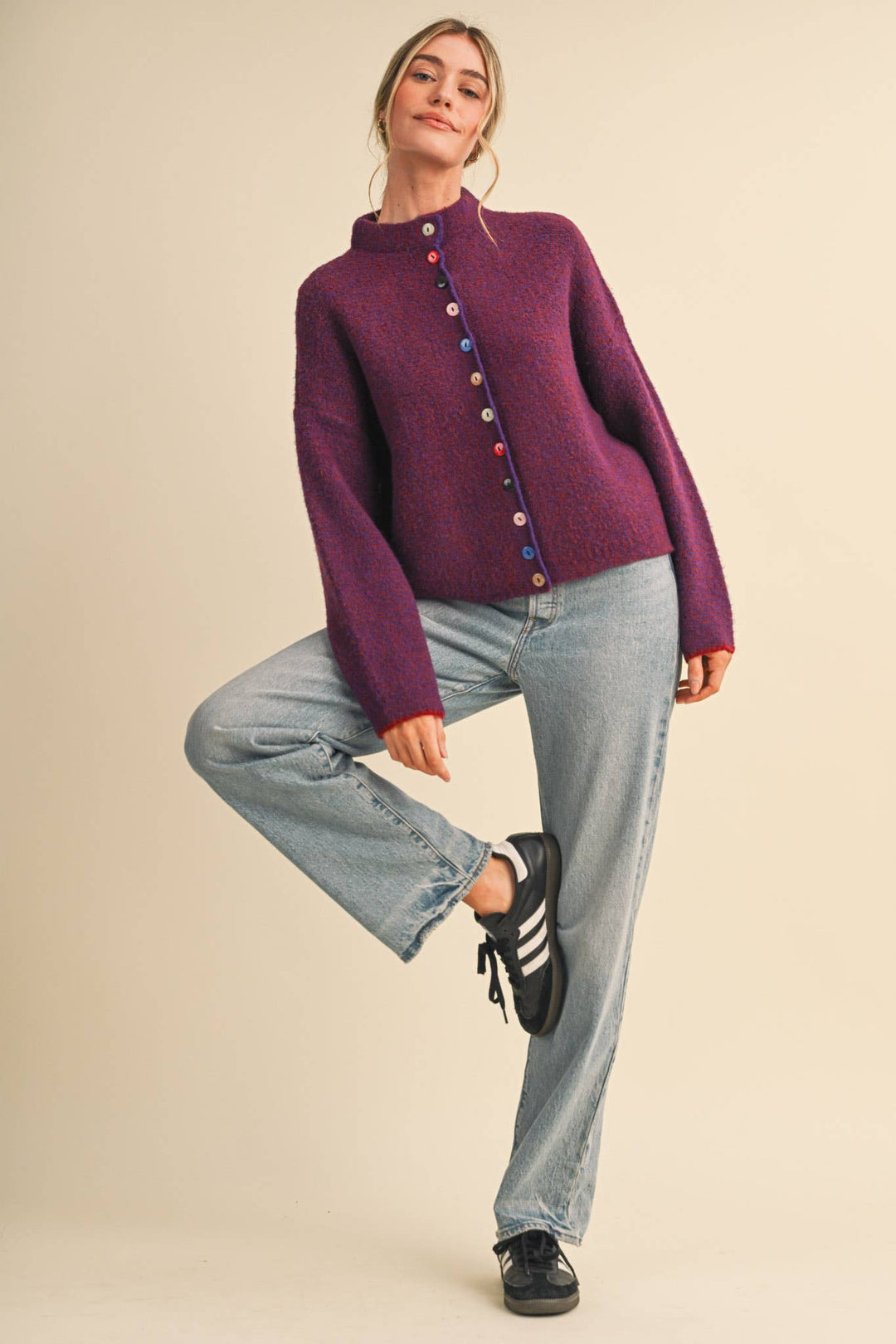 STRIPED SWEATER CARDIGAN WITH COLORFUL BUTTONS MS112