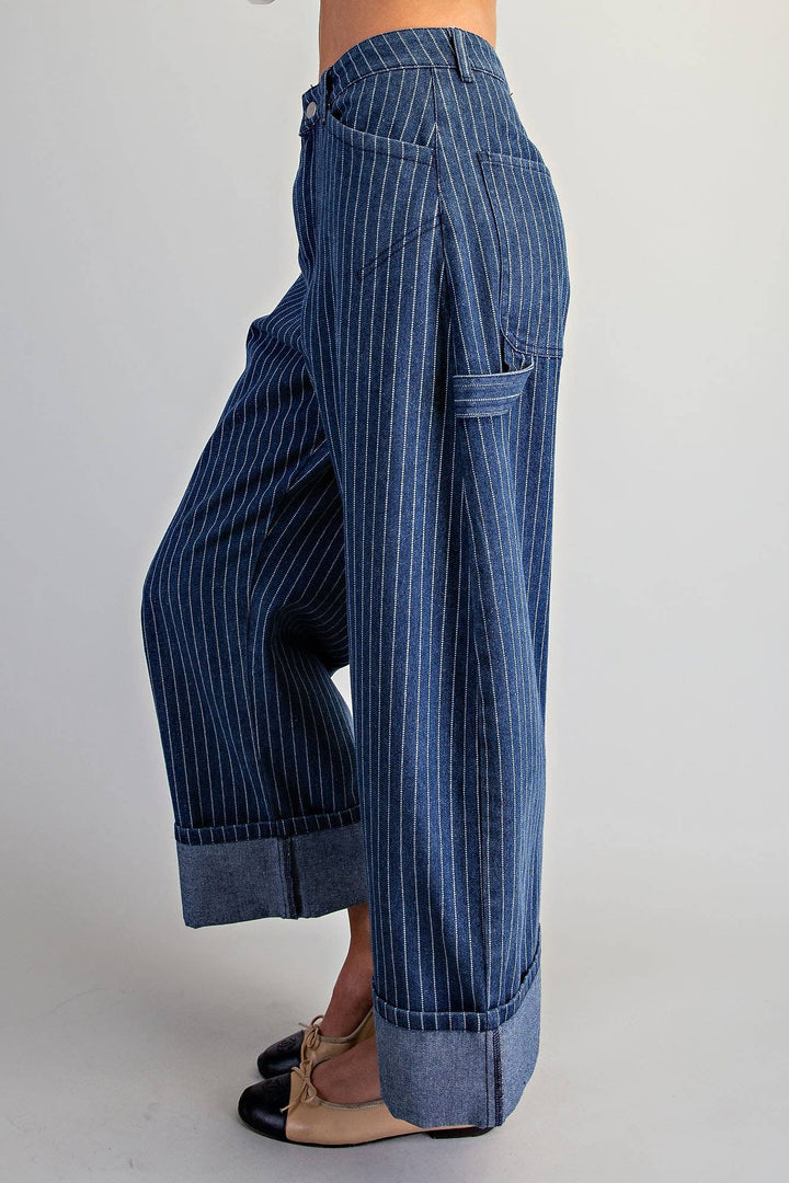 PL404 - STRIPED BARREL LEG CUFFED PANTS