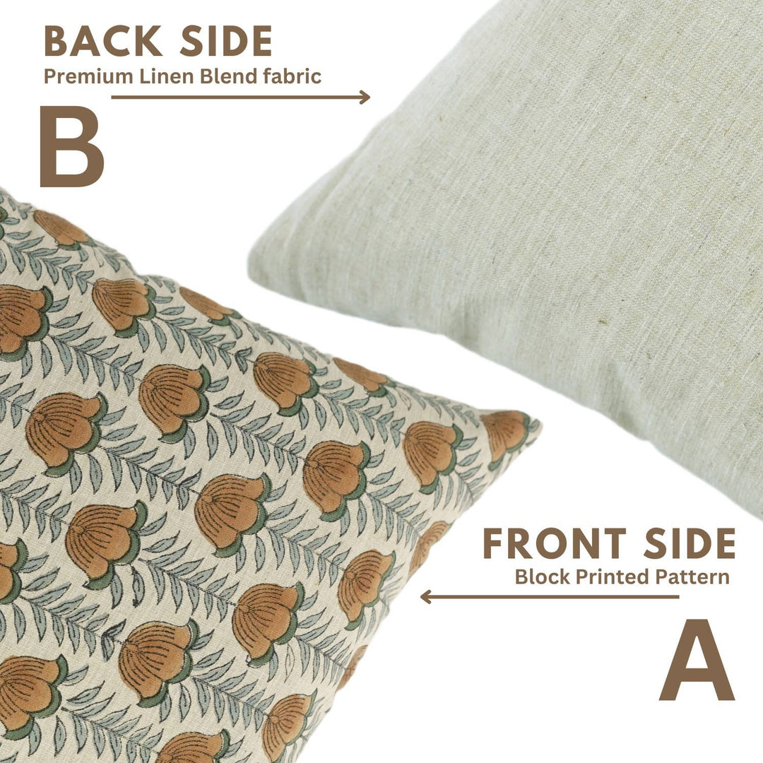 Floral Block Print Linen Blend Pillow Cover - Lotus FB04