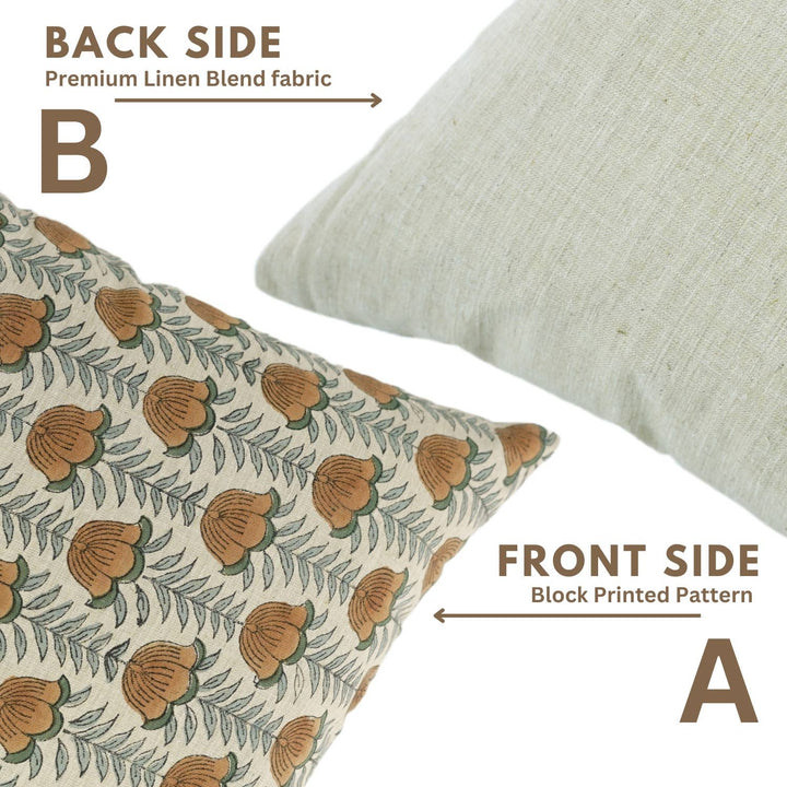 Floral Block Print Linen Blend Pillow Cover - Lotus FB04