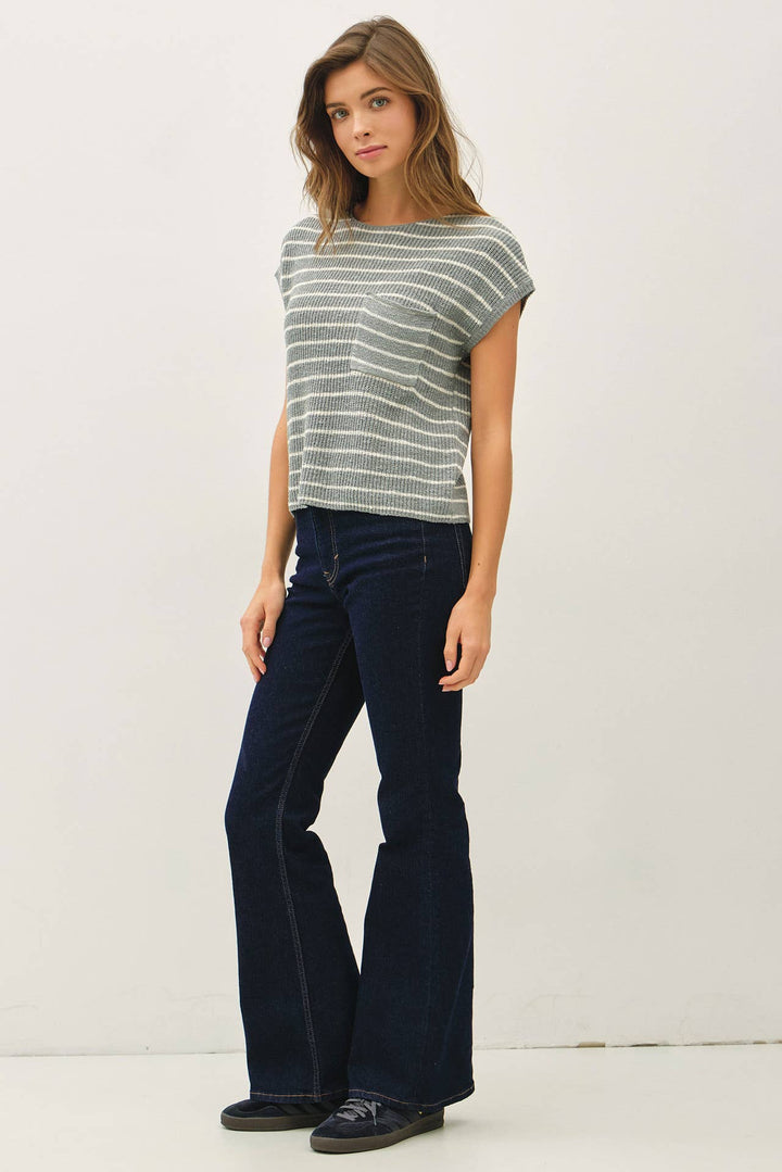 STRIPED CAP SLEEVE SWEATER W FRONT PATCH POCKET BC564