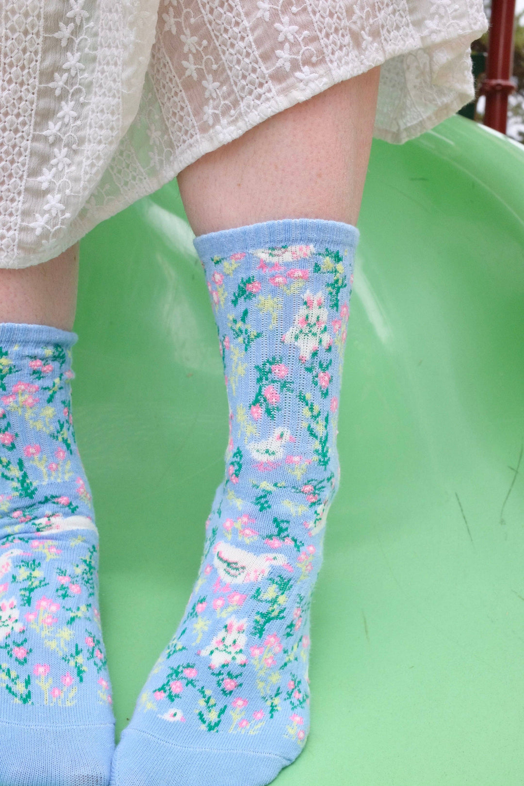Blue Floral Meadow Bunny Duck Ribbed Print Crew Socks